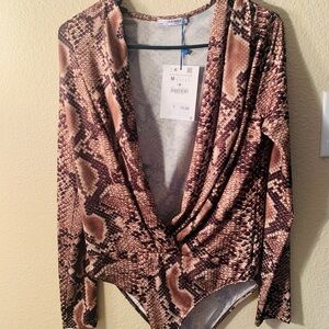 Zara Snake Print Long Sleeve Bodysuit in Brown and Tan